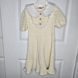 Self-Portrait Pointelle Cream Knit Dress, Ivory 5-6